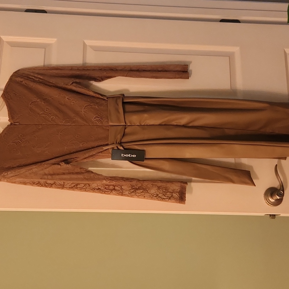 NWT Elegant Lace V-Neck Dress with Sash and Faux Leather - Picture 4 of 7